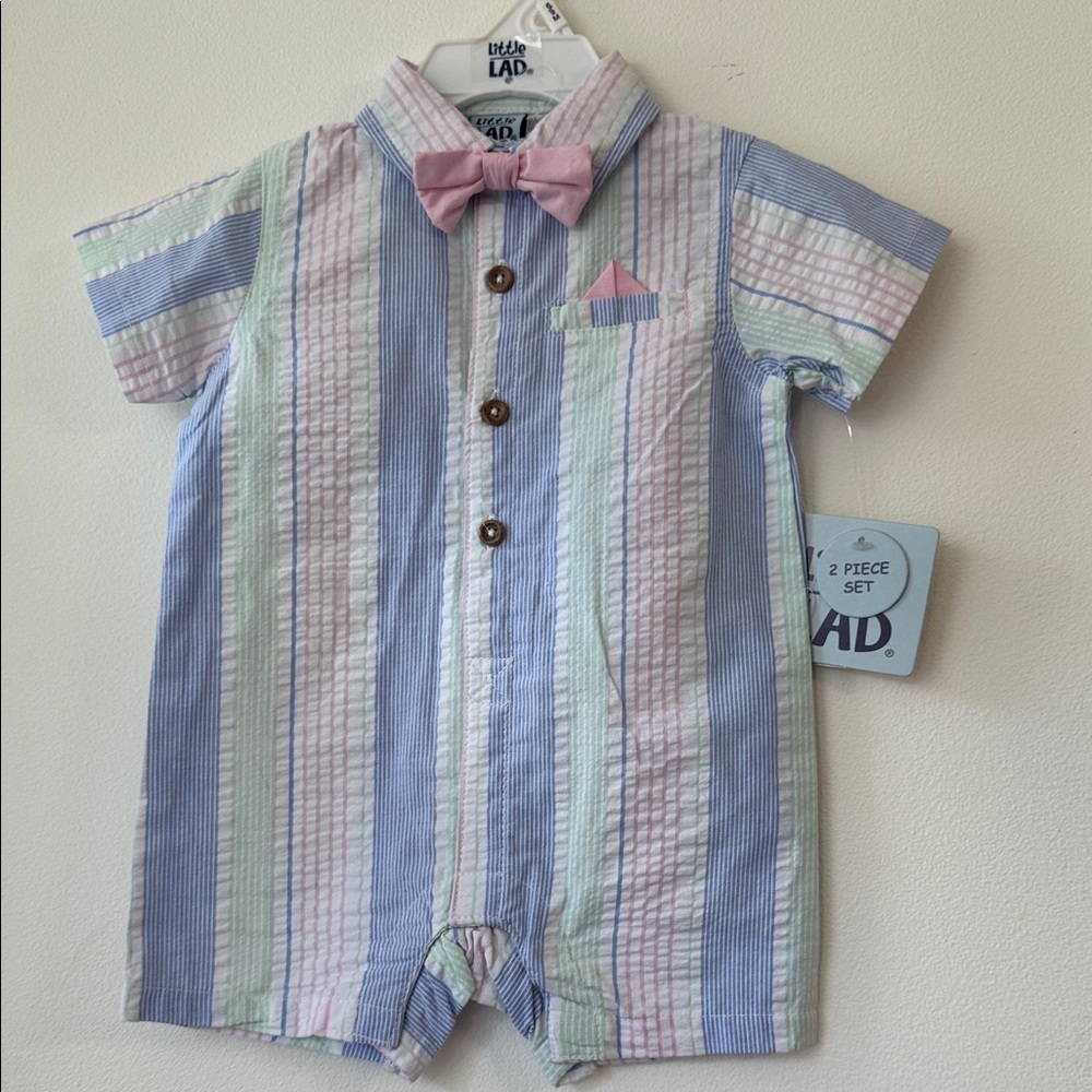 Little Lad Striped One Piece with Pink Bow Tie Sz. 6/9 months